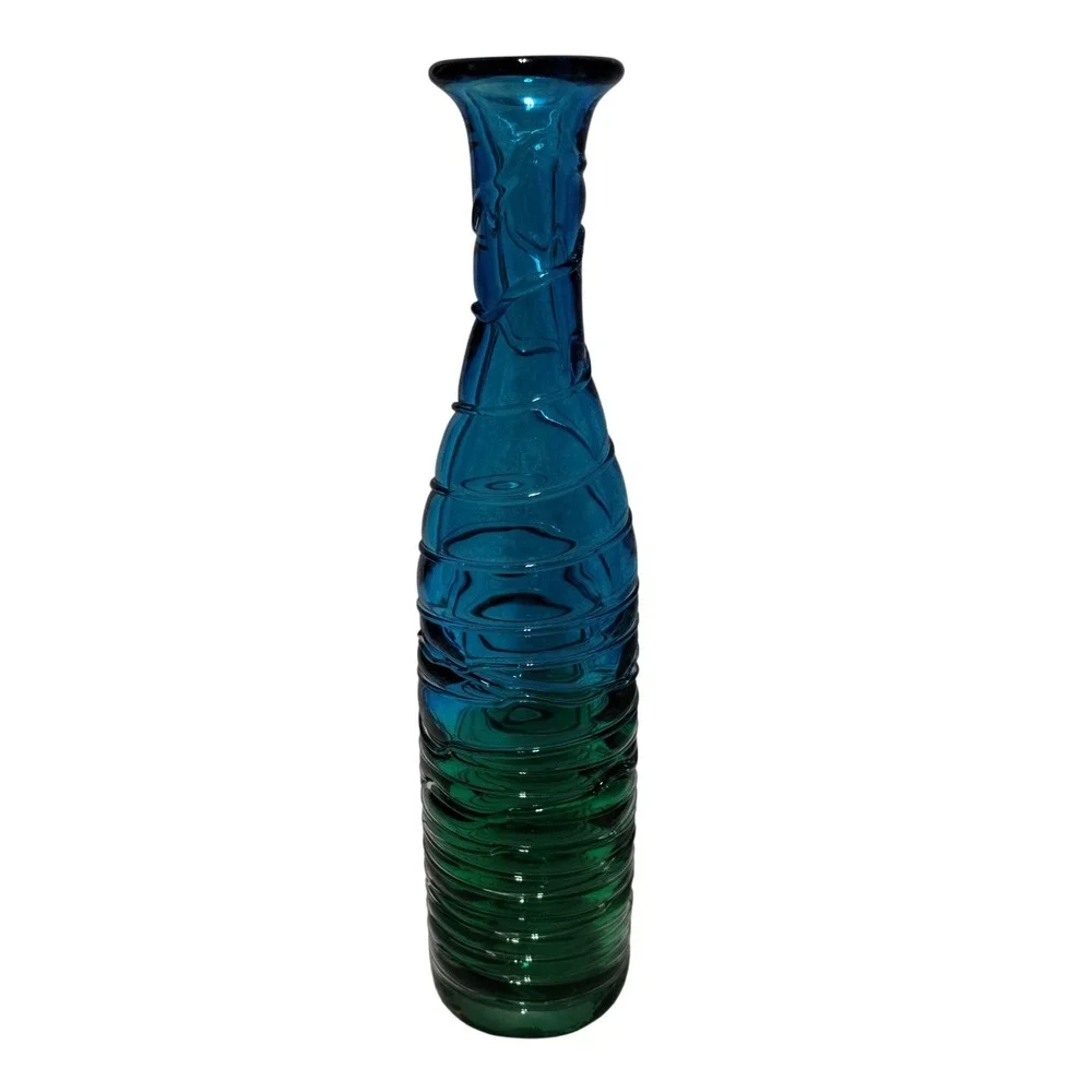 Tall Ombre Art Glass‎ Bud Vase Teal Blue Green Ribbed Textured 13.5 Inch